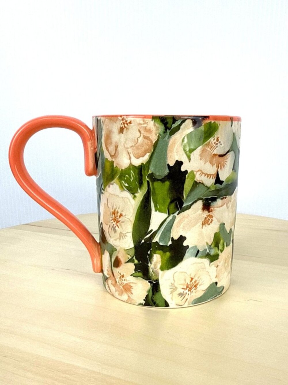 Anthropologie Livia Floral Mug Orange Interior & Handle Coffee Tea Cup